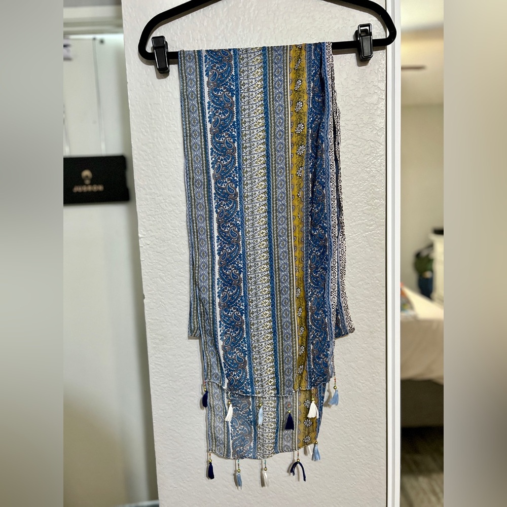 Extra Long Blue and Gold Chiffon Scarf